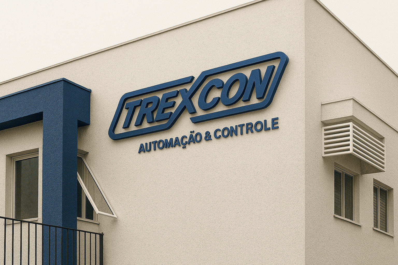 Trexcon Fachada_less Fachada estilizada da empresa com o logo Trexcon Automação e Controle em Azul e prédio na cor Bege claro